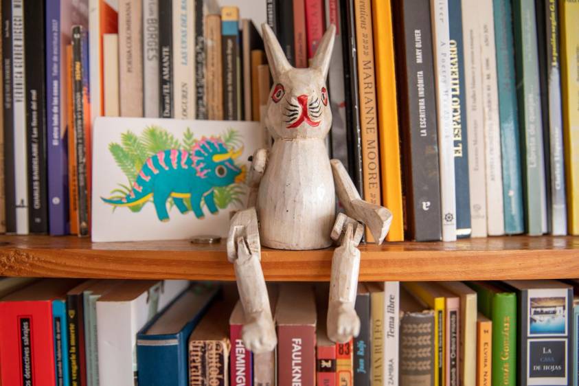 La liebre en la biblioteca de Manuela le recuerda a los animales contemplativos de los que habla Bachelard. FOTO CARLOS VELÁSQUEZ