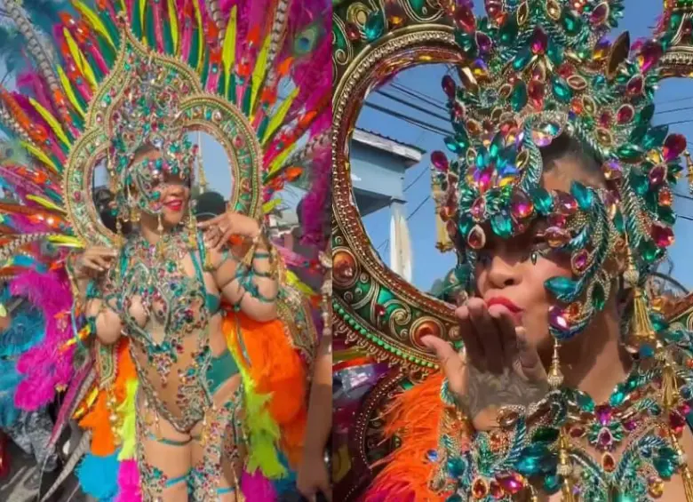 Rihanna desfiló en el Gran Día de Kadooment del Carnaval Crop Over de Barbados con un llamativo traje diseñado por la creadora local Lauren Austin, en su esperado regreso a la celebración tras dos años de ausencia. FOTO: @gabgonebad vía X.