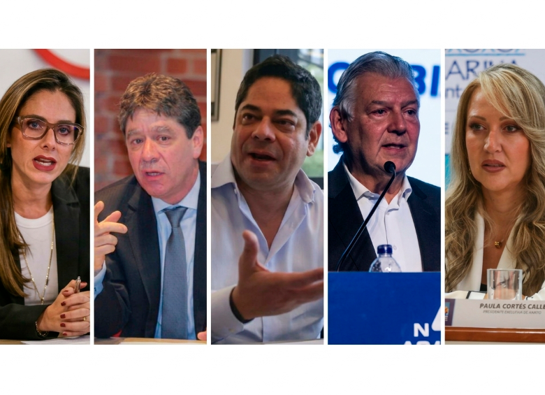 Los principales gremios del país reconocieron los resultados electorales y manifestaron su disposición de trabajar con el nuevo Gobierno. De izquierda a derecha: Natalia Gutiérrez (Acolgen y Consejo Gremial); Bruce Mac Máster (ANDI); Guillermo Herrera (Camacol); Jaime Cabal (Fenalco) y Paula Cortés (Anato). FOTO: EL COLOMBIANO Y CORTESÍA