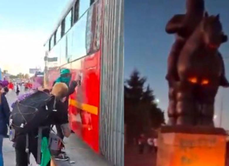 Grupos feministas vandalizaron articulados de TransMilenio e incendiaron esculturas y un cine. Fotos: Capturas de videos redes sociales. 