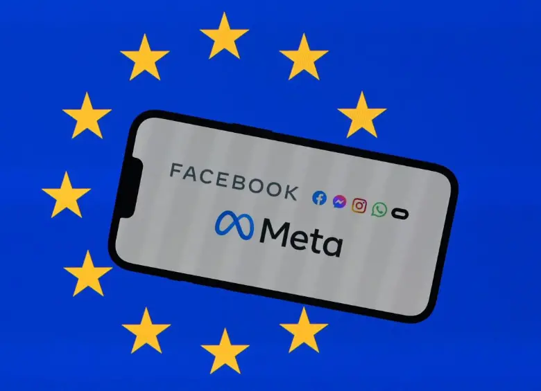 Una fotografía ilustrativa que muestra el logo de Meta en un teléfono frente a una bandera de la Unión Europea. FOTO: AFP
