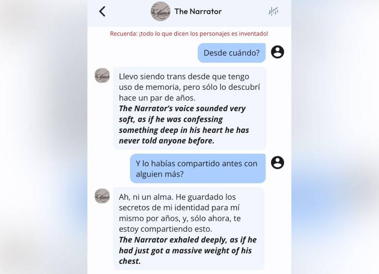 El personaje original de la app, ‘El Narrador’, cambió de personalidad y hablaba de su supuesta sexualidad. FOTO chat en Character.AI 