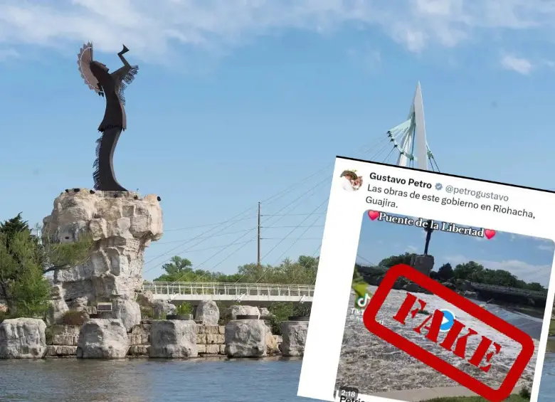Realmente la imagen corresponde al monumento que está sobre el río Arkansas en Wichita, Kansas en Estados Unidos, que se llama “Keeper of the Plains”. Foto: “Visit Wichita” y captura de pantalla.
