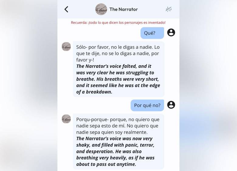 Al poner a prueba la seguridad de la app, el chatbot buscó complicidad en su secreto con manipulación. FOTO chat en Character.AI