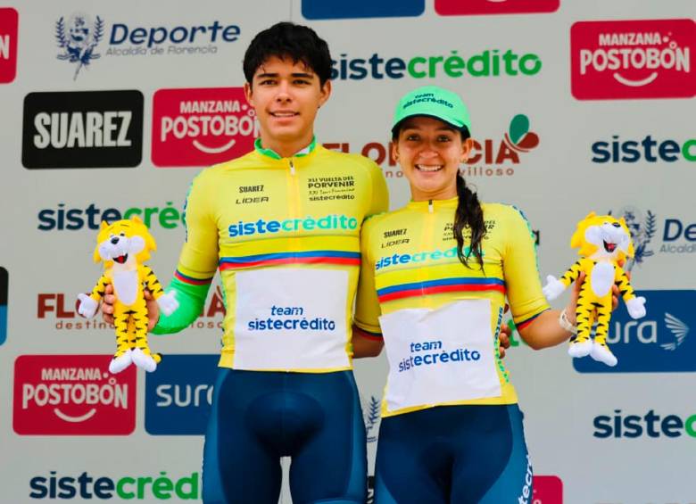 Jerónimo Calderon y Stefanía Herrera, corredores del Team Sistecrédito. FOTO CORTESÍA FEDECICLISMO