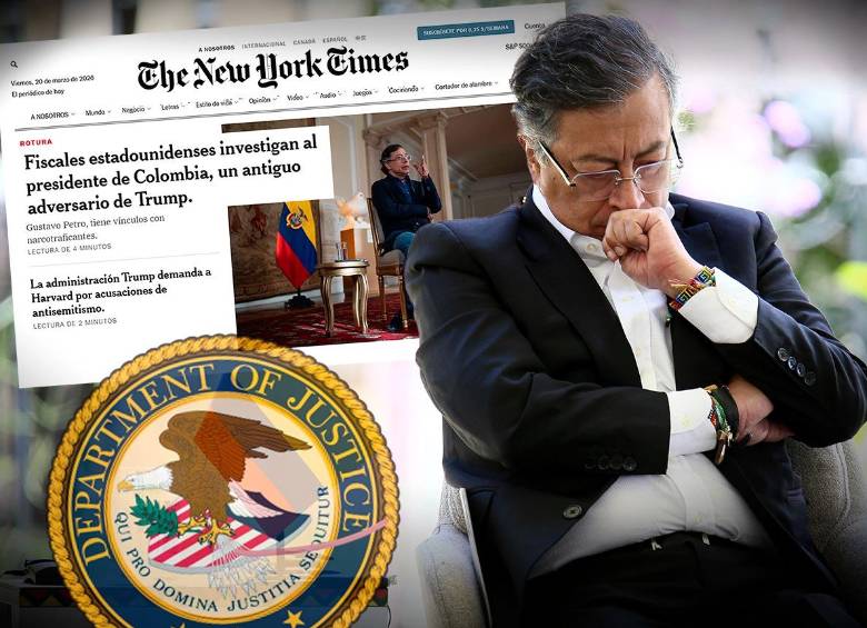 En el texto se señala que fiscales del país estadounidense se encuentran investigando si el presidente colombiano tendría conexiones con traficantes de drogas. Foto: Colprensa/Departamento de Justicia de Estados Unidos. Composición EL COLOMBIANO