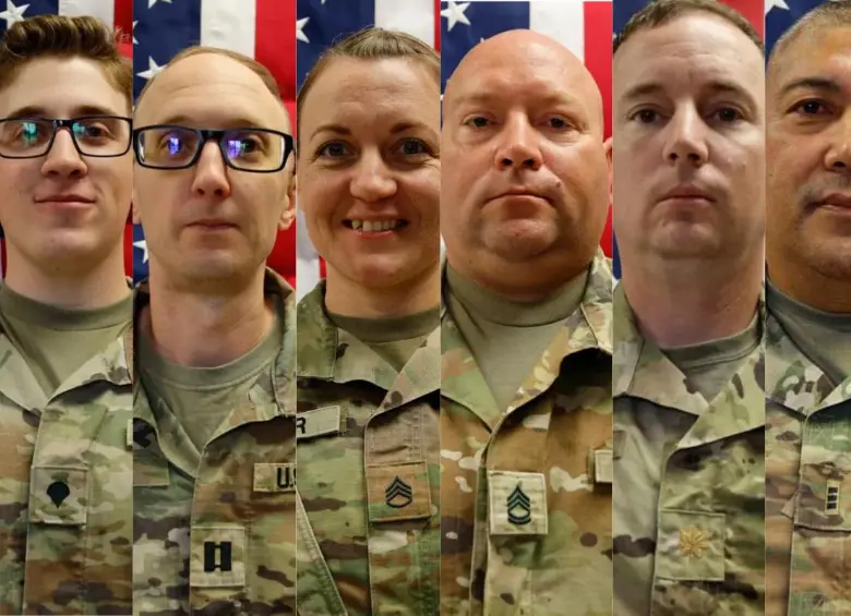 Declan Coady (20), Cody Khork (35), Nicole Amor (39), Noah Tietjens (42), Jeffrey O’Brien (45) y Robert Marzan (54), los seis militares estadounidenses muertos en el ataque iraní contra una instalación en Kuwait, en el segundo día de operaciones de la guerra con Irán. FOTO: Ejercito de Estados Unidos. 
