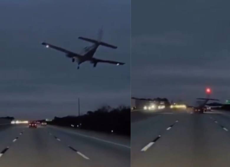 Avioneta quedó sobre la Interestatal 95 tras un aterrizaje de emergencia que terminó en colisión con un vehículo en Florida. FOTO: captura de video. 