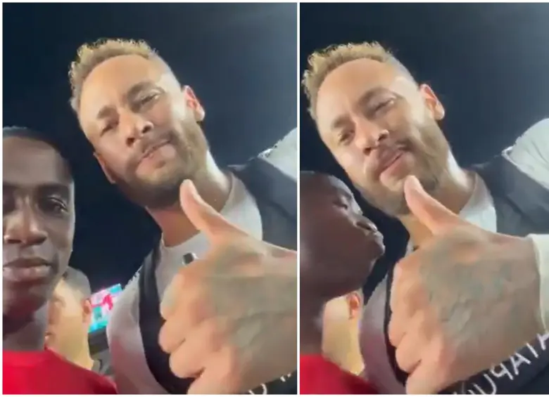 El atacante colombiano Edwin Mosquera sorprendió al astro brasileño Neymar al darle un beso en el cuello mientras grababa un video con su teléfono. FOTO: Tomada de redes sociales @shirrasco70 y @ramirez04043