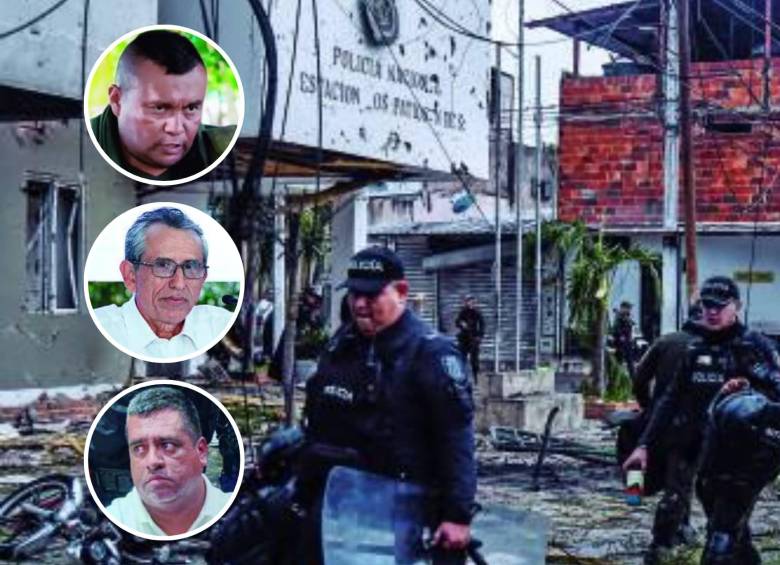 La estación policial, casas y locales vecinos quedaron seriamente afectados por el carrobomba en Los Patios, Norte de Santander. De arriba a abajo, “Calarcá”, “Walter Mendoza” y “Araña”, cabecillas de las disidencias. FOTO AFP y redes sociales.