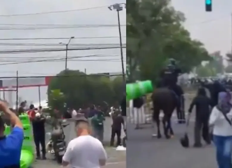 Manifestantes y agentes de la policía protagonizaron choques en las afueras del estadio Azteca durante la inauguración del Mundial 2026, en medio de reclamos por mejoras laborales y justicia para las víctimas de desaparición forzada en México. FOTO: Captura de video.