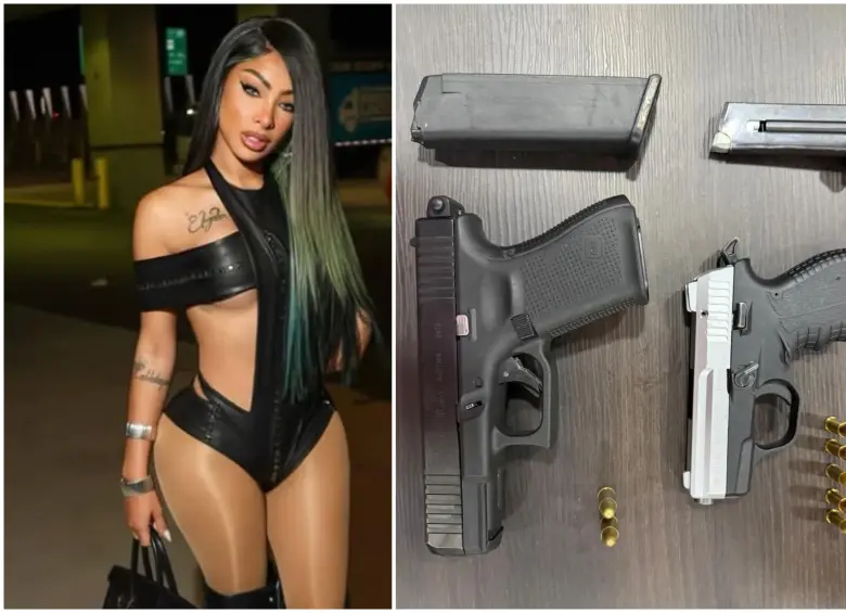 Las armas que le incautaron a Yailin cuando iba en su vehículo. FOTOS: Tomadas de redes sociales @yailinlamasviral y @policiard