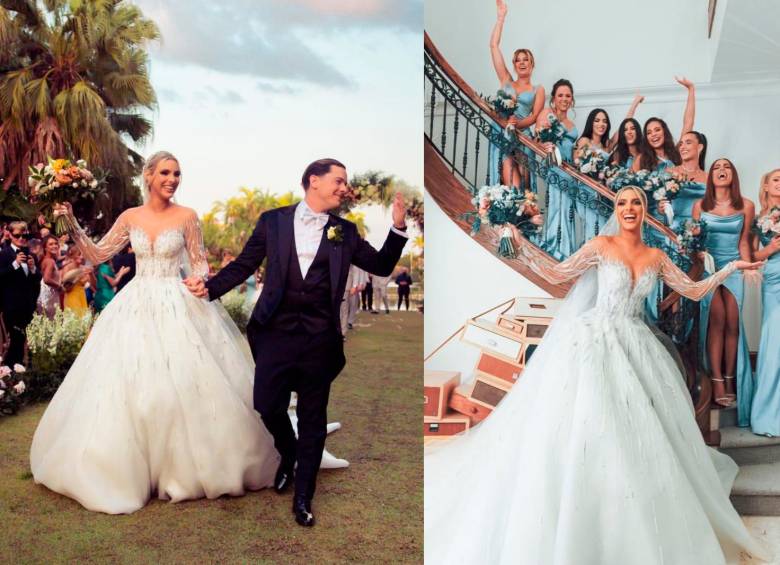 Guaynaa y Lele Pons saludan a los invitados de su boda. En la segunda imagen, las damas de honor detrás de la novia. FOTOS Instagram