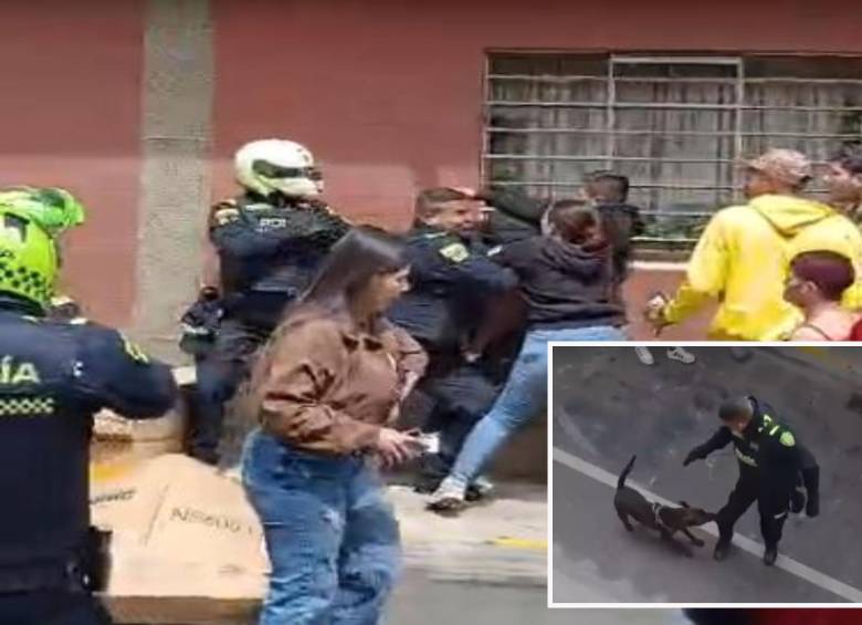 Adelante, momento en el que el animal ataca al uniformado. Atrás, reacción de unos de los habitantes de Rionegro. FOTO: Cortesía Denuncias Antioquia.