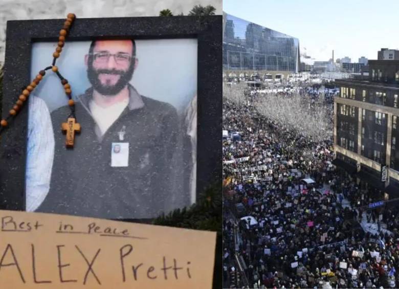 Cientos de personas marcharon por el centro de Minneapolis, pese a las temperaturas bajo cero, para exigir justicia por las muertes a manos de agentes de ICE y rechazar la política migratoria del Gobierno de Donald Trump. FOTO: AFP, redes sociales. 