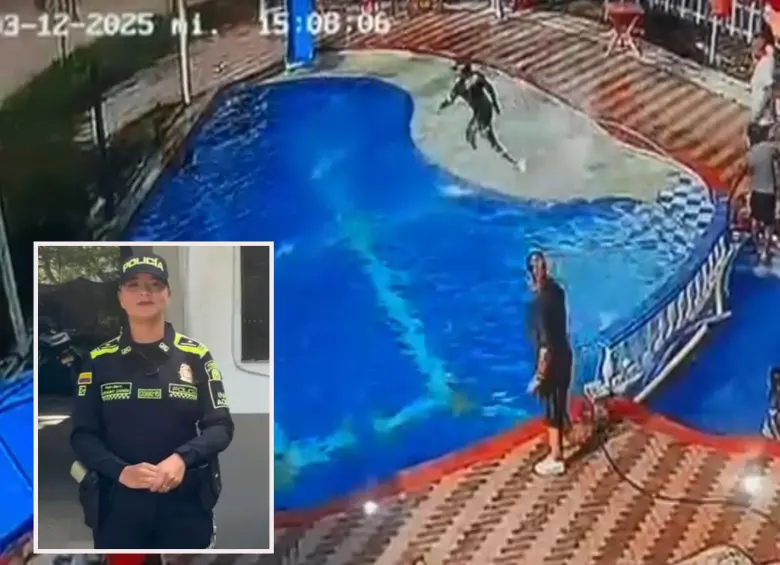 Adelante, la patrullera Stefanny Zapata de la Policía de infancia y Adolescencia. Atrás el momento en el que se lanza a las aguas. FOTO: Cortesía e imagen tomada de redes.