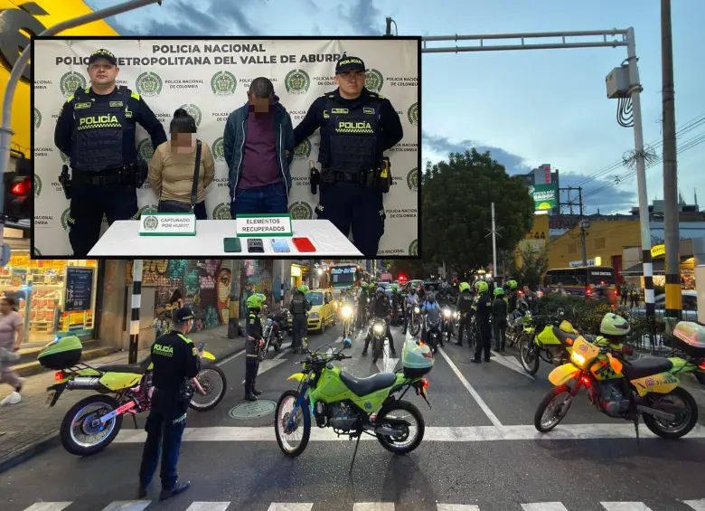 Adelante, los dos capturados por la Policía. Atrás, megaoperativo sobre la calle San Juan. FOTO: Cortesía Alcaldía de Medellín