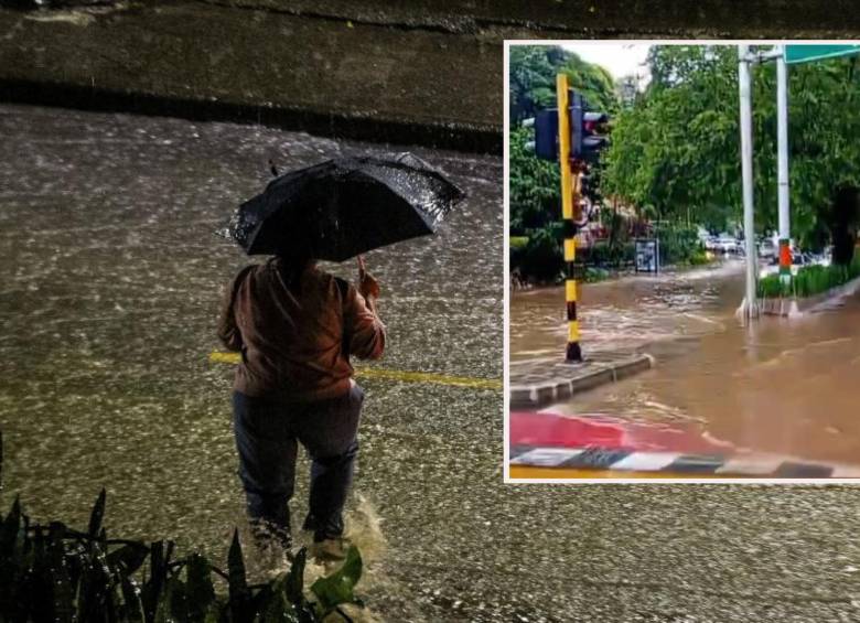 Adelante, imágenes de la inundación en Envigado. Atrás, imagen de referencia de una fuerte tormenta. Foto: Julio César Herrera Echeverri y Cortesía Denuncias Antioquia