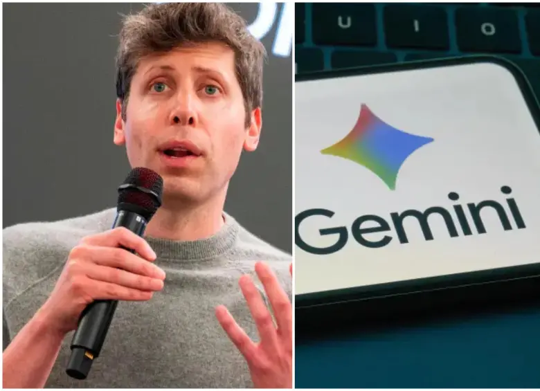 Sam Altman, el director de OpenAI y su famoso robot conversacional ChatGPT, y Gemini, la IA de Google. FOTO: Getty y AFP