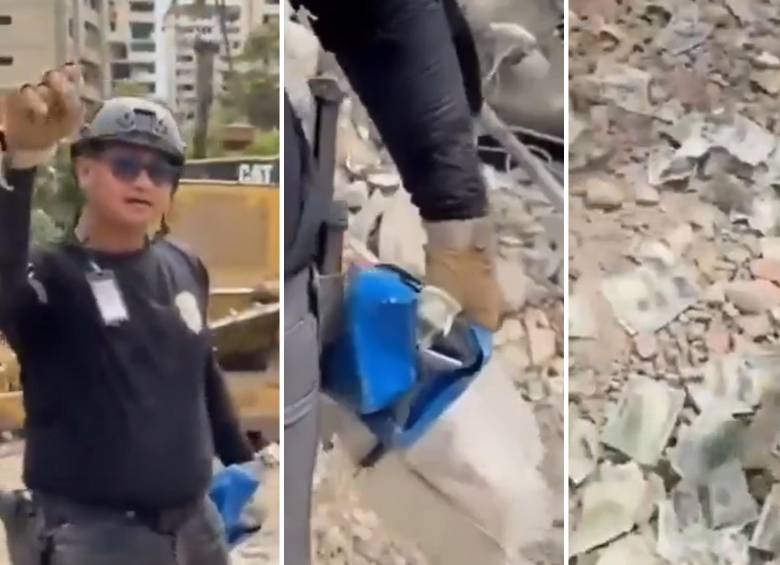 En los videos se observa como los uniformados tomaron billetes de 100 dólares de los escombros. FOTO: CAPTURA DE PANTALLA, VIDEO DE REDES.