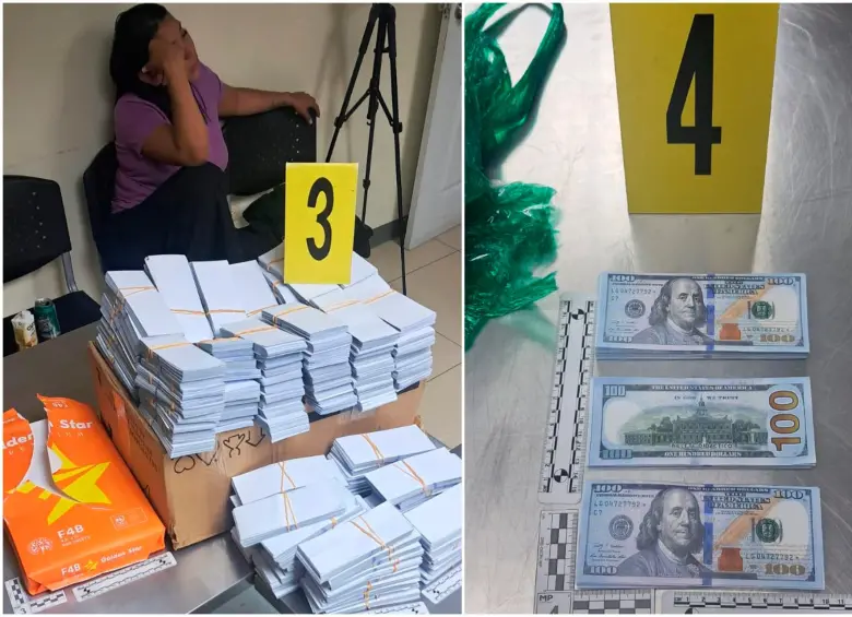 Parte del dinero falso incautado a la colombiana en el aeropuerto de Ciudad de Guatemala. FOTO: Tomada de X @sgaia_pnc_gt