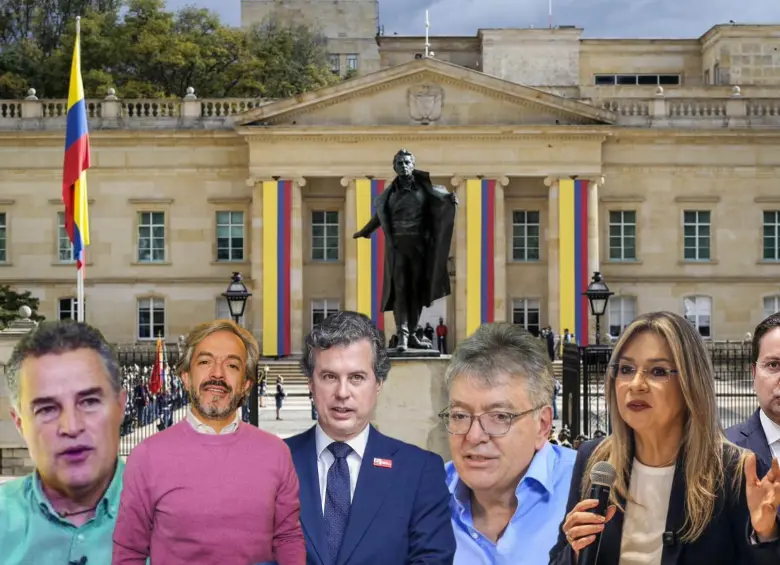Aníbal Gaviria, Juan Daniel Oviedo, Juan Manuel Galán, Mauricio Cárdenas, Vicky Dávila y David Luna, frente a la Casa de Nariño, en un escenario marcado por alianzas y movimientos presidenciales. FOTOS: COLPRENSA Y CORTESÍA
