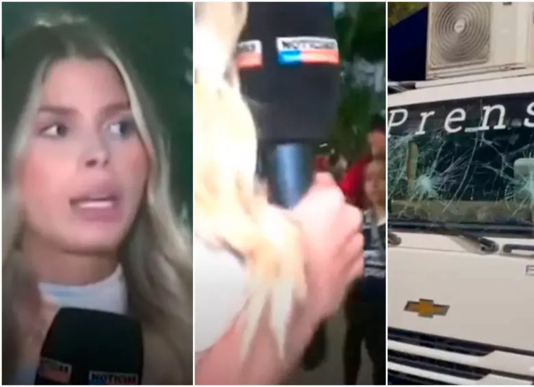 La periodista María Camila Vergara en medio de la agresión de un hincha a las afueras del estadio Atanasio Girardot. FOTO: Capturas de video Telemedellín