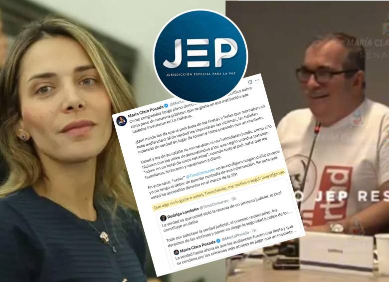 Rodrigo Londoño, conocido como “Timochenko”, y la senadora María Clara Posada protagonizaron un cruce de declaraciones por la divulgación de videos de una audiencia de la JEP sobre los secuestros de las extintas Farc. Foto: JEP / Redes sociales @MaclaPosada