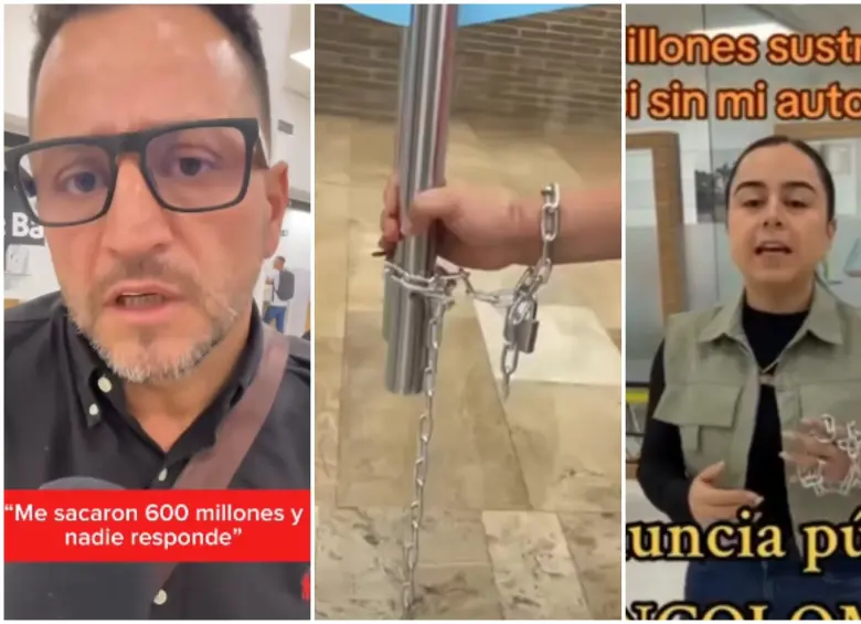 Debido al millonario robo, esta familia de Puerto Gaitán se encadenó en una sede de Bancolombia en Villavicencio en forma de protesta. FOTO: Captura video de redes sociales @NoticiasdeAcacíasyelLlano, @VillavicencioPrimero y @ColombiaOscura.