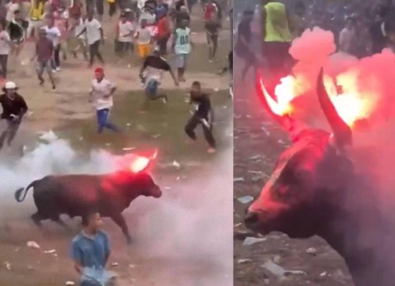 Prendieron fuego a los cuernos de un toro en corralejas de Sabanalarga. Foto: redes sociales @PlataformaALTO