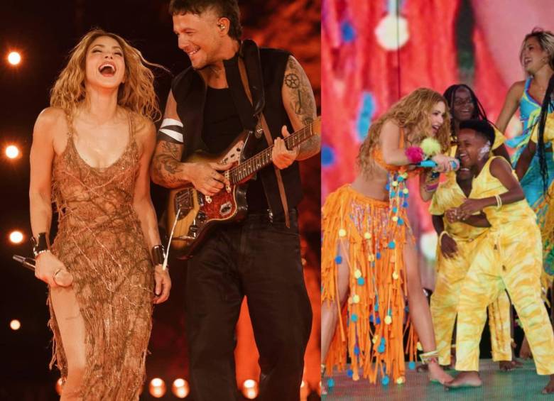 Shakira durante el cuarto concierto de su gira ‘Las Mujeres Ya No Lloran’ en España, donde también estuvieron los Ghetto Kids, el grupo de niños que bailó ‘Dai Dai’ junto a la artista en el Mundial. Foto: Nicolás Gerardin y redes sociales de Alejandro Sanz.