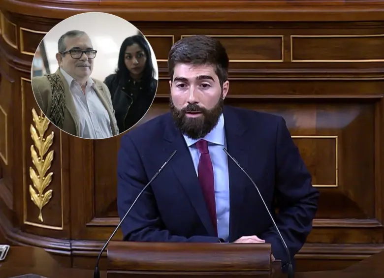 Manuel Mariscal Zabala, diputado de España, criticó la visita de Rodrigo Londoño, quien en la extinta Farc recibió el alias de Timochenko, al congreso del país europeo. Fotos: Captura de video @InesBetancur1 y Colprensa
