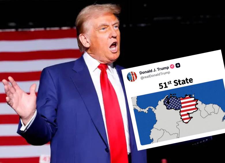 La publicación de Trump mostró el mapa venezolano cubierto con la bandera estadounidense y el mensaje “51st State”. Foto: AFP / redes sociales