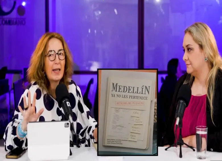 La abogada Gloria Jaramillo Aristizabal (derecha) en entrevista sobre el lanzamiento de su libro Medellín ya no les pertenece. FOTO: EL COLOMBIANO e imagen tomada de redes.
