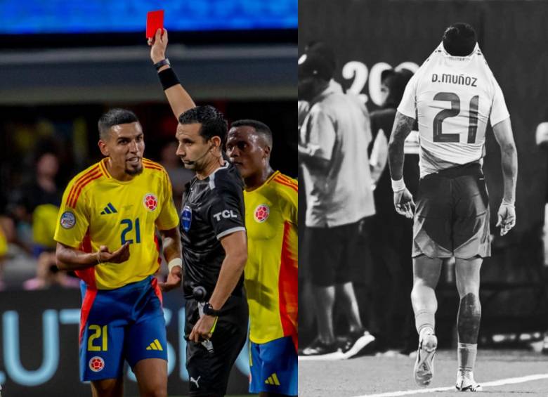 Momento en el que Daniel Muñoz fue expulsado por el árbitro Cesar Ramos en el partido contra Uruguay. FOTOS: Juan Antonio Sánchez y tomada de redes sociales