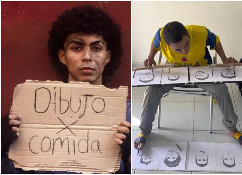 Este es Javy mientras realiza su arte con pies y manos. Ha hecho también una dinámica de dibujar a cambio de comida. FOTO: Captura de video de redes sociales @javy_arts