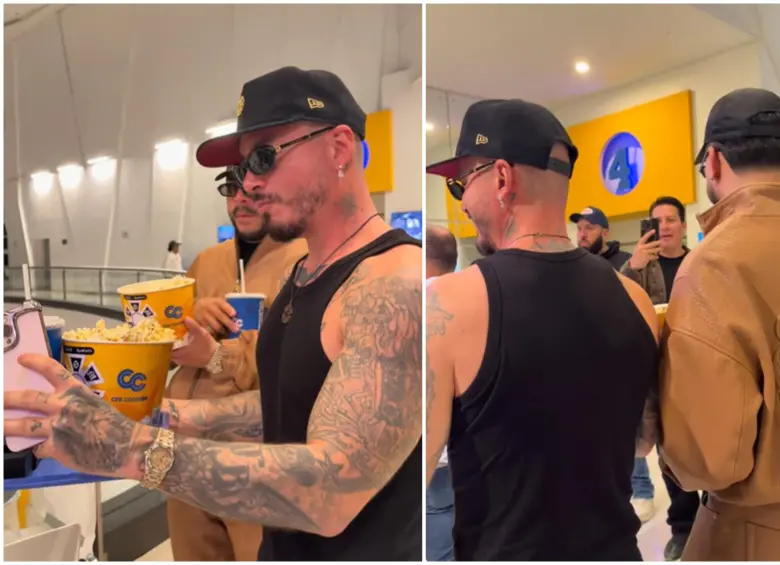 J Balvin y Ryan Castro entrando al cine para promocionar omerta. FOTO: Captura de redes sociales Cine Colombia