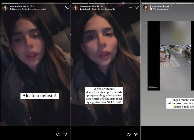 Capturas de loas historias de Juana cuando arremetió contra Claudia López y evidencia otro hecho de robo en Bogotá. FOTO: Captura historias Instagram Juana Valentina