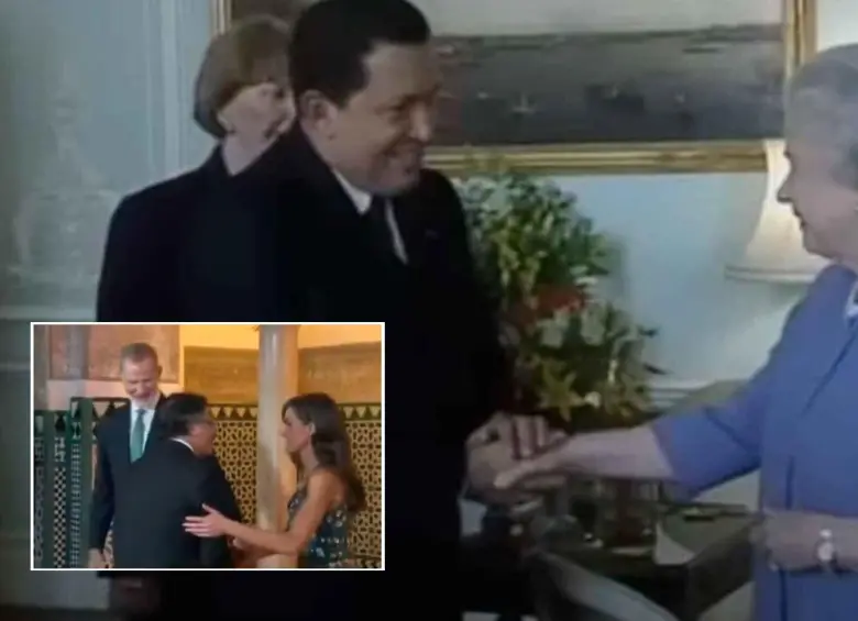 Lo sucedido con Petro fue comparado con un suceso en donde Chávez quiso romper el protocolo para abrazar a la reina Isabel II. Fotos: Capturas de videos 