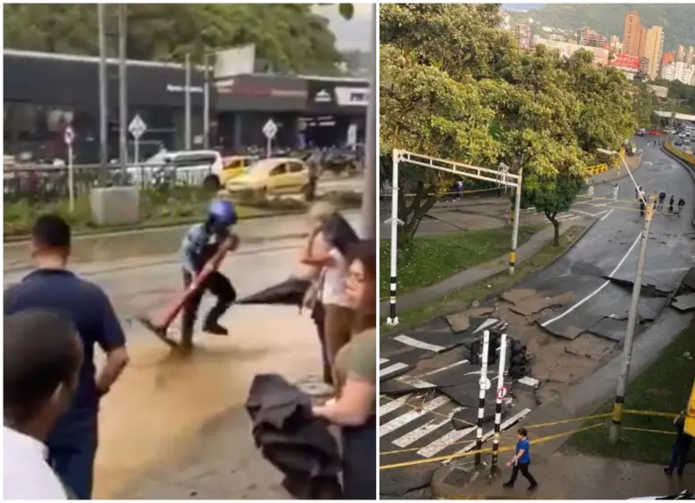 El agente dispuesto a ayudar a más personas y las afectaciones en las vías tras el fuerte aguacero. FOTO: Cortesía y captura de video de redes sociales @FicoGutierrez