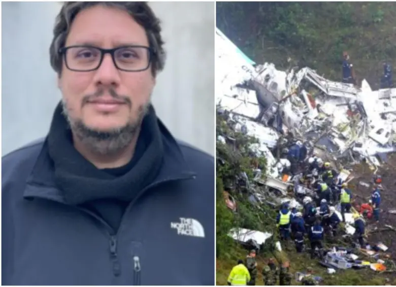 Imagen del cineasta y el momento del accidente del Chapecoense en Antioquia. FOTO: Redes sociales Luiz Fernando Feres da Cunha Ferraz