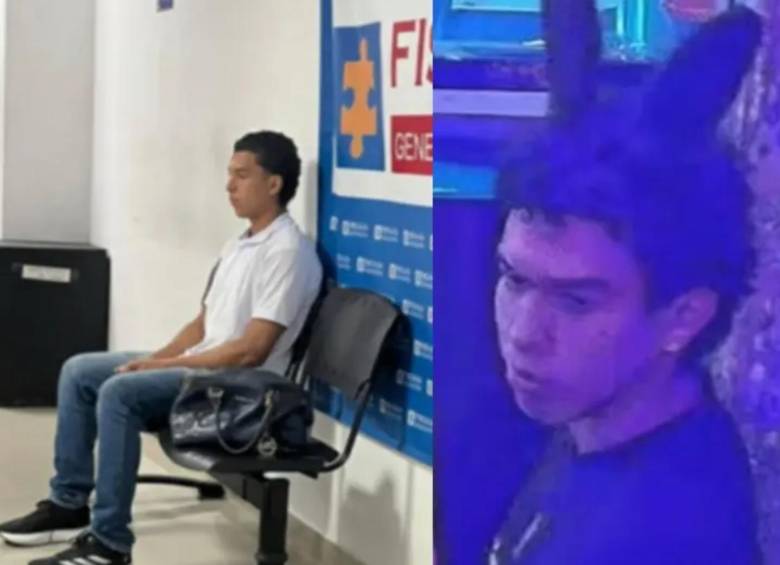 Ricardo González en la sede de la Fiscalía y previamente en el bar Before Club con las orejas de conejo negras. FOTO: Captura video de redes sociales y Cortesía Fiscalía General de la Nación