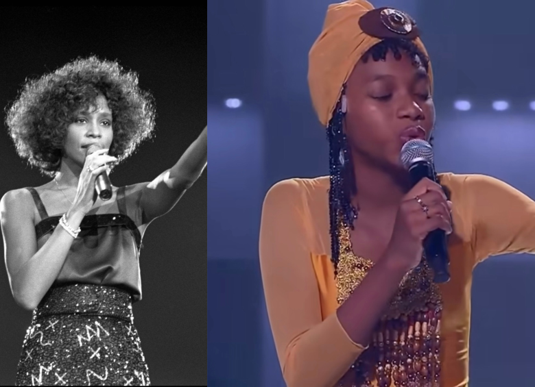La Mini Whitney Houston de Buenaventura rindió homenaje a la cantante estadounidense en el escenario de Yo me llamo Mini. FOTO GETTY y captura de Caracol Televisión