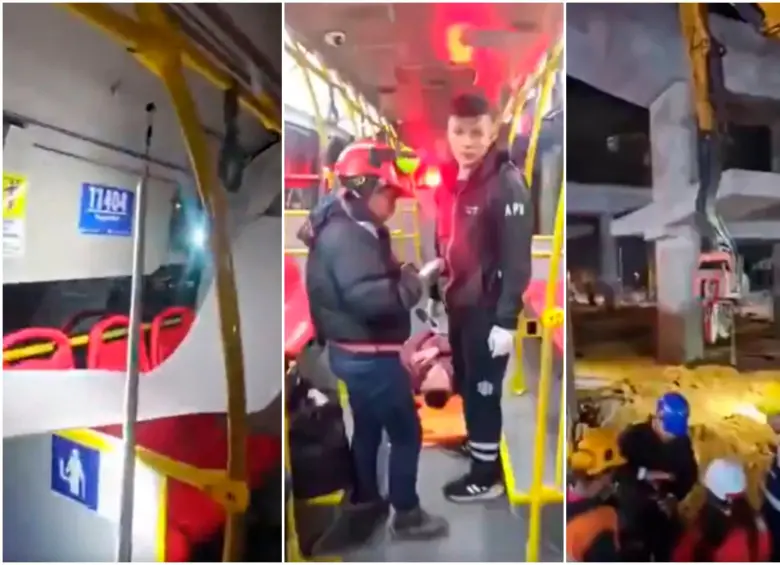 Momentos en medio de la emergencia en un bus de TrasnMilenio impactado por una maquinaria de las obras del metro de Bogotá. FOTOS: Captura de video