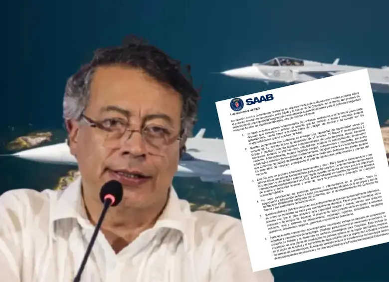 Comunicado de Saab del 1 de diciembre de 2025, en el que la empresa sostiene que la compra de los Gripen fue transparente y ajustada a estándares internacionales, pese a los cuestionamientos por precio y capacidad técnica. FOTO: COLPRENSA Y REDES.