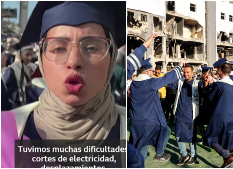 Ella es Lina Nasser Aakasha, una de las estudiantes que se graduó y otros compañeros que se recibieron. FOTO: Cortesía BBC y AFP