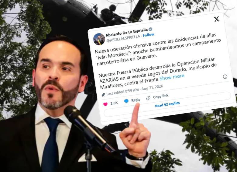 Autoridades militares bombardearon un campamento del Frente Carolina Ramírez, de las disidencias de ‘Iván Mordisco’, en zona rural de Miraflores, Guaviare. Foto: Colprensa / X @ABDELAESPRIELLA