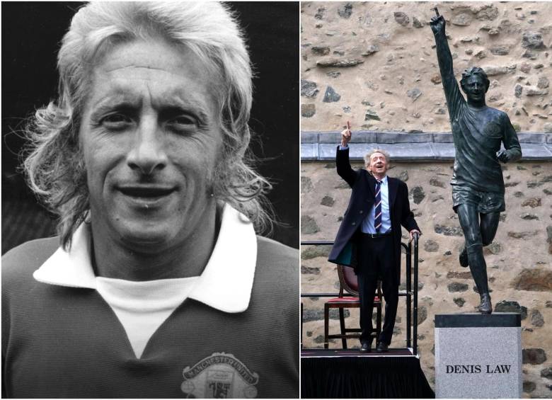 Denis Law cuando jugaba en el Manchester United y después hace algunos años al lado de su estatua. FOTO: REDES SOCIALES Y MANCHESTER UNITED