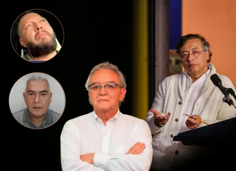 El presidente Gustavo Petro en la imagen central. Arriba, Luis Felipe Ramírez, abogado de ‘Papá Pitufo’; abajo, Diego Marín, alias Papá Pitufo, y a la derecha, Jorge Lemus, exdirector de la DNI. FOTOS: Colprensa, cortesía y captura de video