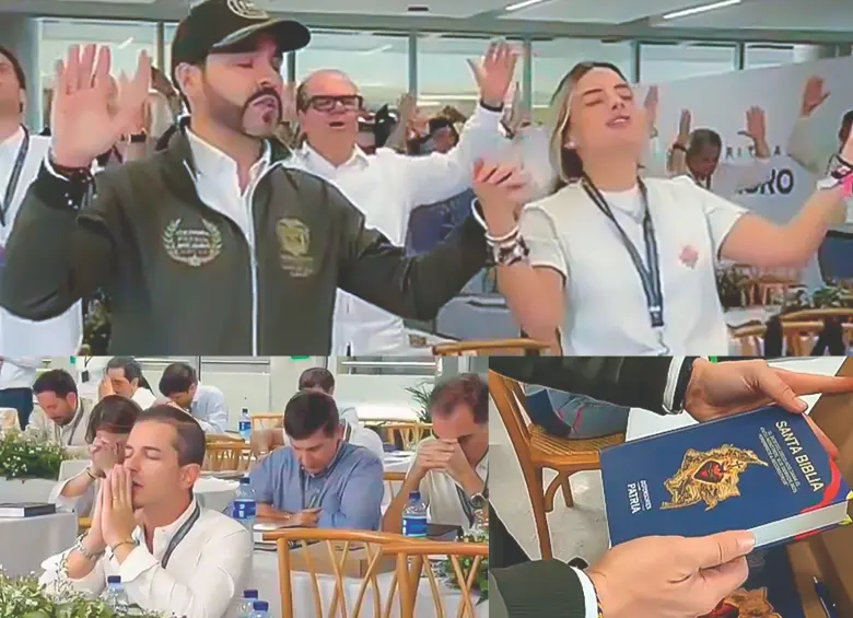 Abelardo de la Espriella y su esposa, Ana Lucía Pineda, en un momento de alabanzas en el retiro espiritual. FOTO Redes sociales